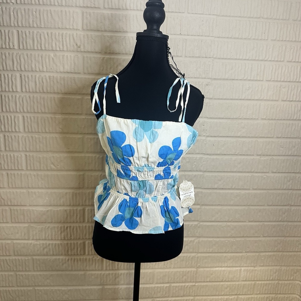 NWT Altar'd State Blue Floral Print Top Tie Straps Size S 100% Cotton Clean Girl